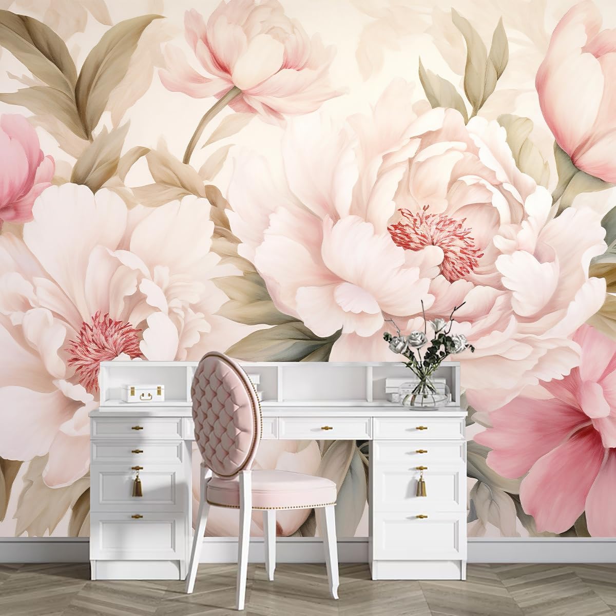 Beauty Makeup Desk - Elegante Pfingstrosen-Blumen-Wandtapete Schminktisch-Set für Romantische Schlafzimmer-